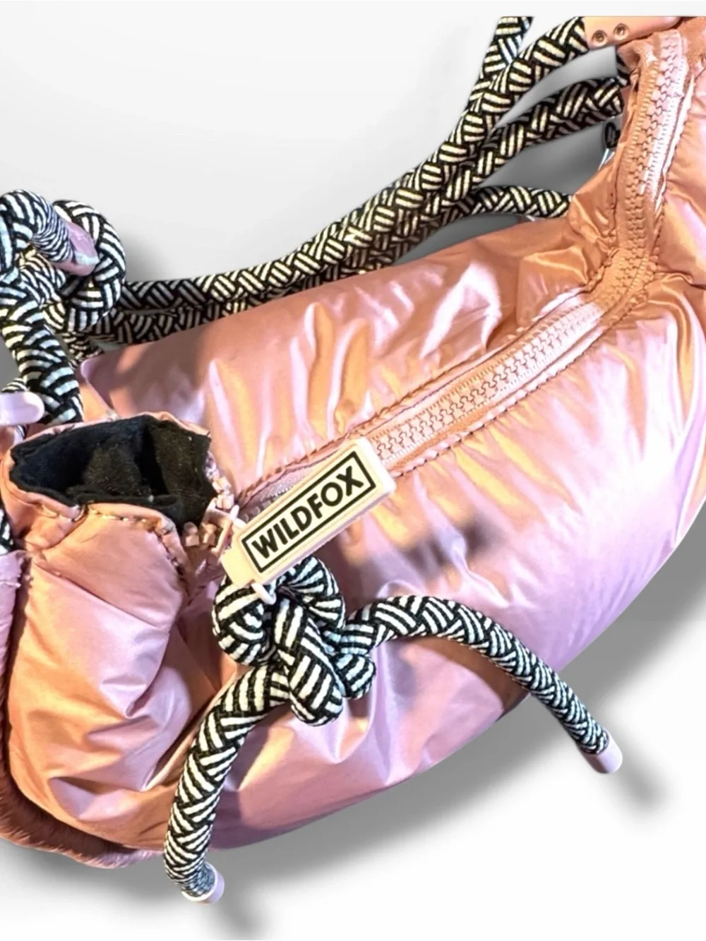👩🏻‍⚖️Wildfox Light Pink Puffer Crossbody with Knotted Black & White Rope Strap